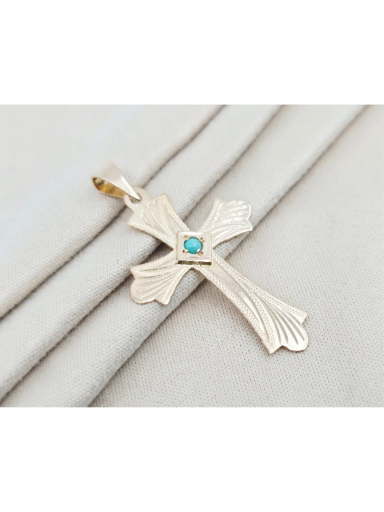 Unique 14k Solid Rose Gold Diamond Cut Religious Turquoise Cross Charm Pendant